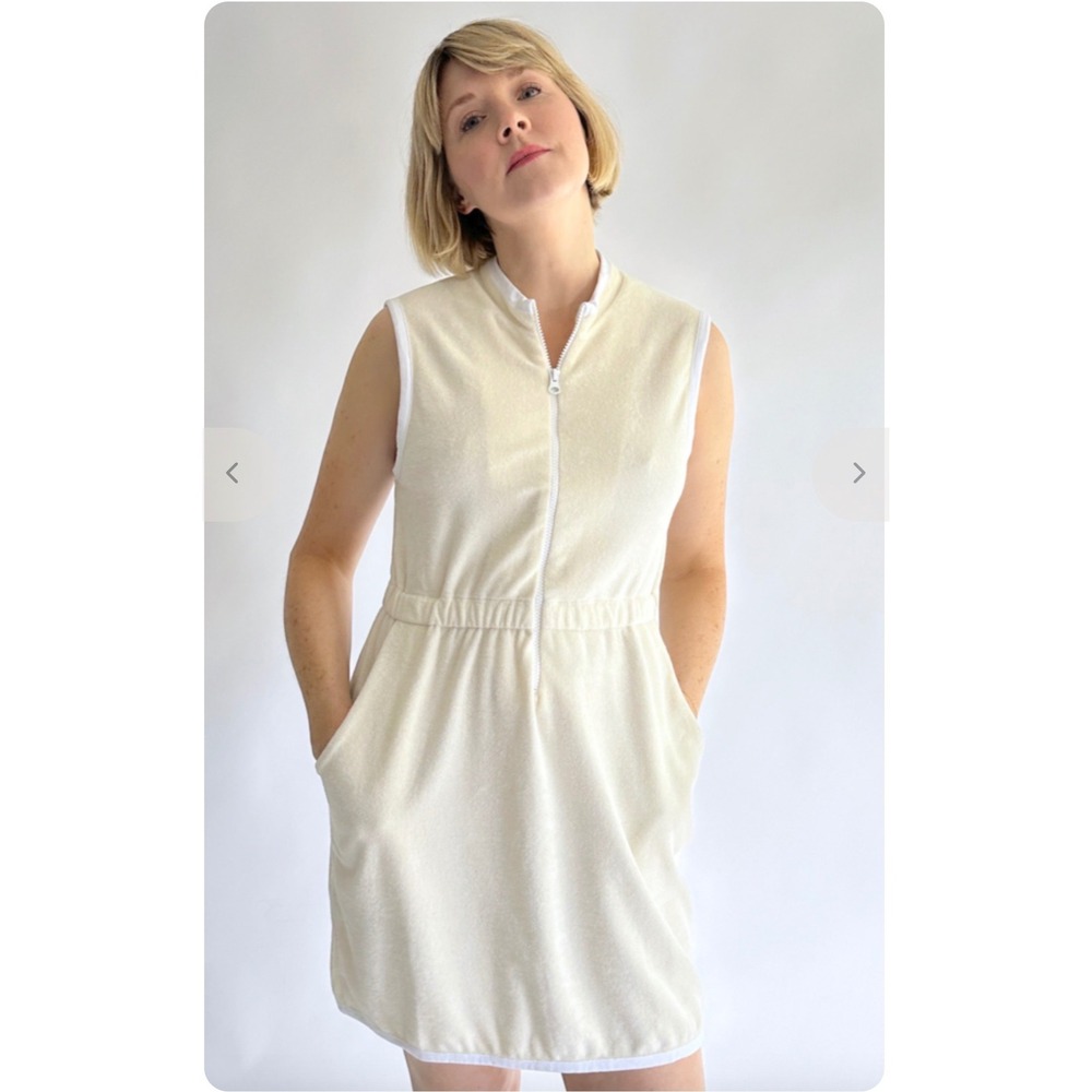 KULE The Terry Dress XS Cream Terry Cloth Zip Front Pockets Resort Beach Luxe